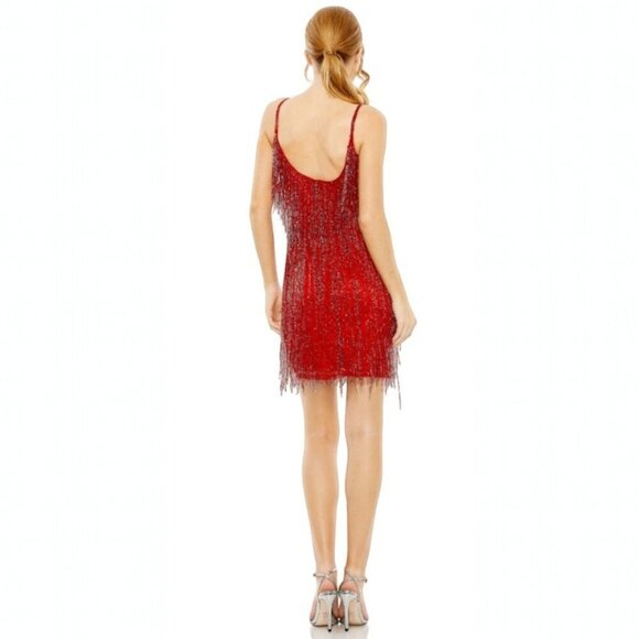 Mac Duggal Red Prom Spaghetti Strap Fringe Beaded Mini Dress Size 2 NEW - Picture 2 of 9